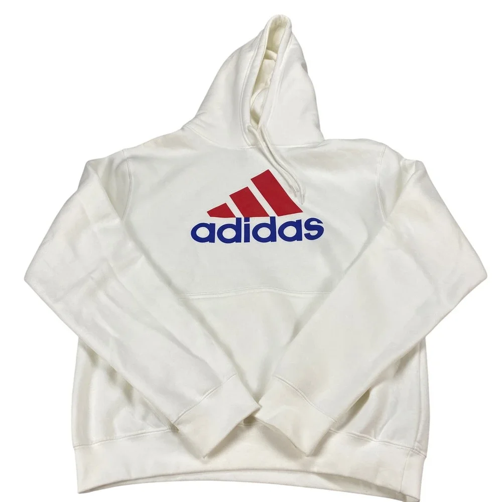 Adidas Mens Essentials Fleece Logo Hoodie White Red Blue Pullover Medium